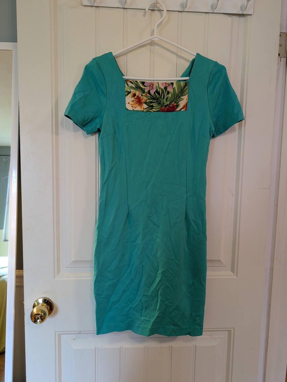 Square-Neck Short Sleeve Dress with Floral Inset — Teal